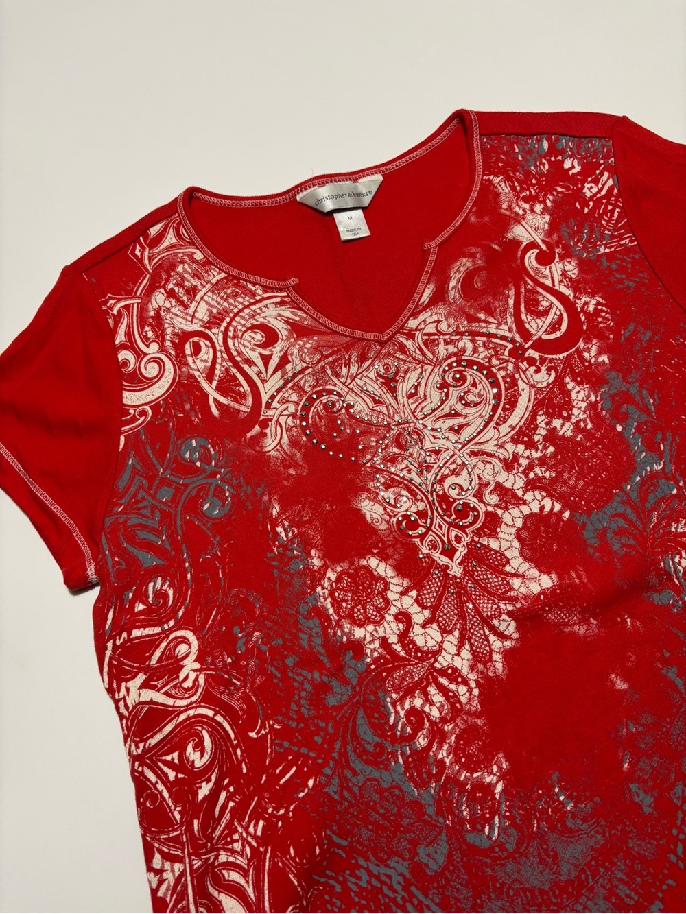 Christopher & Banks Red Rhinestone Y2K Graphic Cotton Short Sleeve T-Shirt